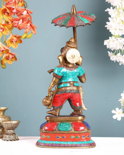 Brassaura® Brass Ganesha Statue with Umbrella & Kamandal | Height 15 Inches