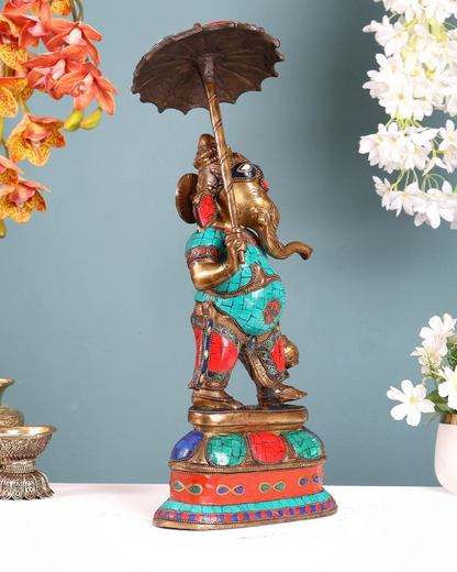 Brassaura® Brass Ganesha Statue with Umbrella & Kamandal | Height 15 Inches