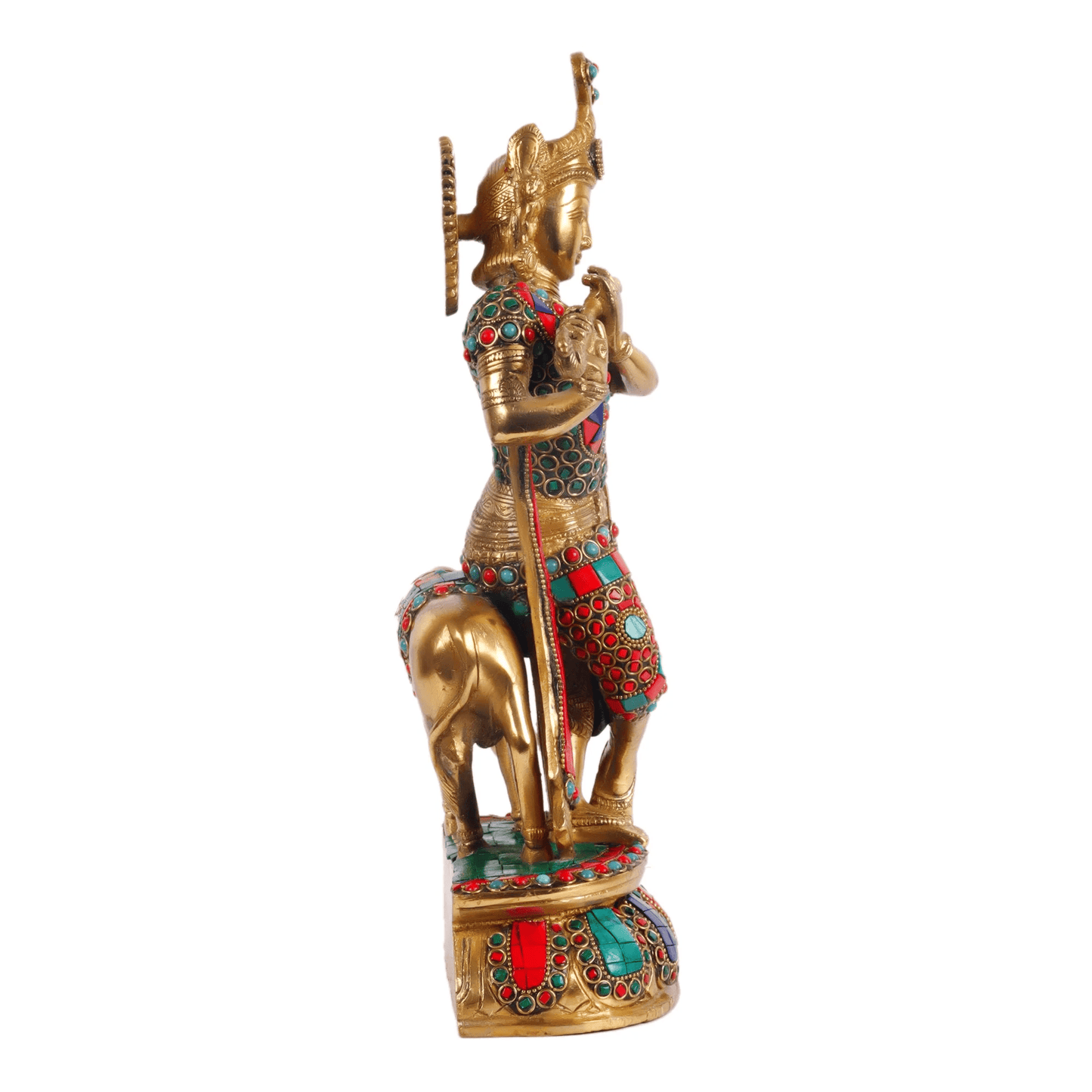 Brassaura™ Krishna Playing Flute with Cow | Pure Brass Idol | Height 14 Inches & Weight 6 Kgs