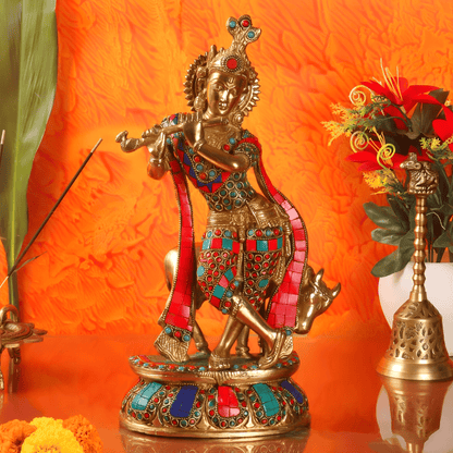 Brassaura™ Krishna Playing Flute with Cow | Pure Brass Idol | Height 14 Inches & Weight 6 Kgs