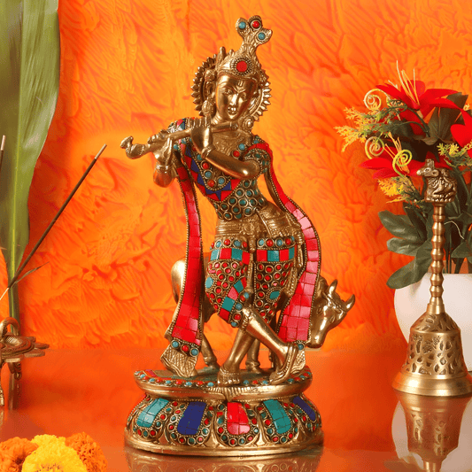 Brassaura™ Krishna Playing Flute with Cow | Pure Brass Idol | Height 14 Inches & Weight 6 Kgs