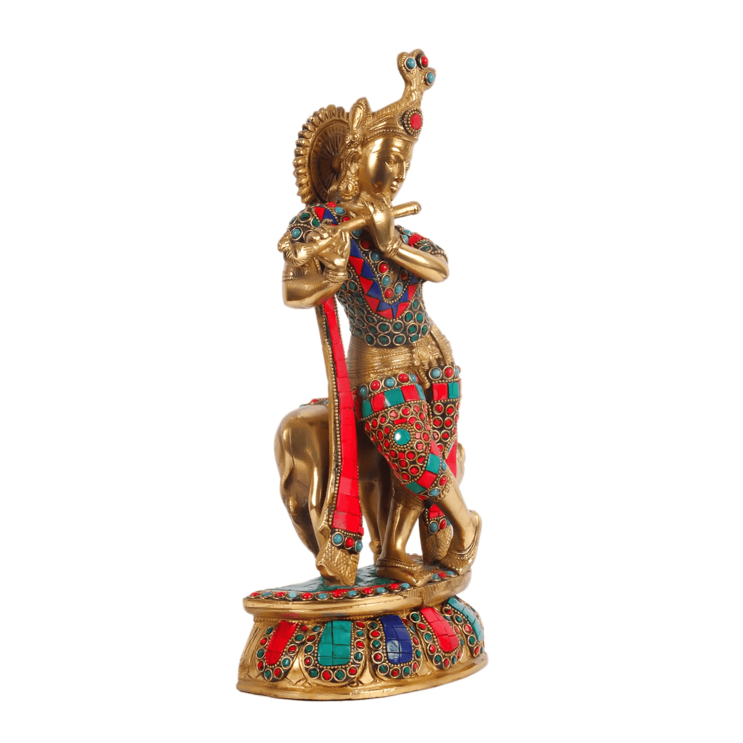 Brassaura™ Krishna Playing Flute with Cow | Pure Brass Idol | Height 14 Inches & Weight 6 Kgs