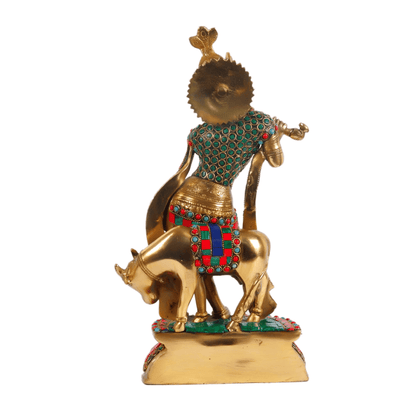 Brassaura™ Krishna Playing Flute with Cow | Pure Brass Idol | Height 14 Inches & Weight 6 Kgs
