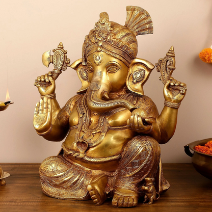 Brassaura™ Pure Brass Lord Ganesha Idol | Handcrafted Spiritual Showpiece | Weight 29.5 Kgs | Height 21 Inches