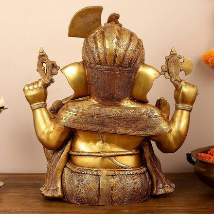 Brassaura™ Pure Brass Lord Ganesha Idol | Handcrafted Spiritual Showpiece | Weight 29.5 Kgs | Height 21 Inches