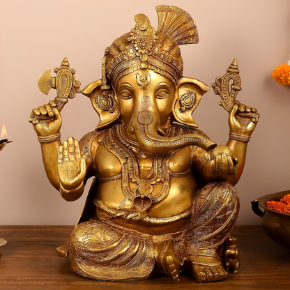 Brassaura™ Pure Brass Lord Ganesha Idol | Handcrafted Spiritual Showpiece | Weight 29.5 Kgs | Height 21 Inches