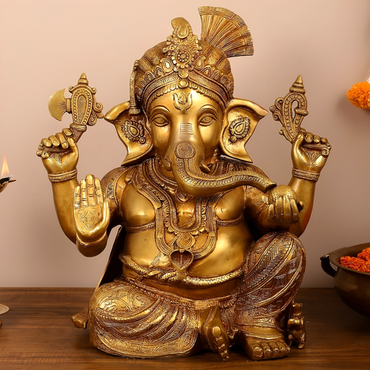Brassaura® शुद्ध पीतल भगवान गणेश मूर्ति | हस्तनिर्मित आध्यात्मिक शोपीस | ऊँचाई 21 इंच