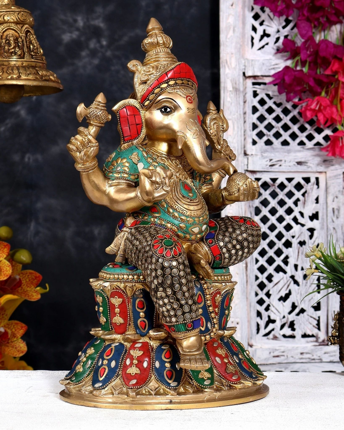 Brassaura® Ganesha Seated Pose Idol with Multicolor Meenakari Finish | Pure Superfine Brass Handcrafted Murti | Brass Statue for Home Temple, Pooja Room | Height 15 Inches | Weight 12 Kgs