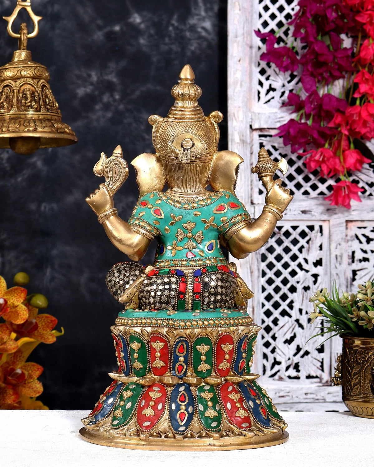 Brassaura® Ganesha Seated Pose Idol with Multicolor Meenakari Finish | Pure Superfine Brass Handcrafted Murti | Brass Statue for Home Temple, Pooja Room | Height 15 Inches | Weight 12 Kgs