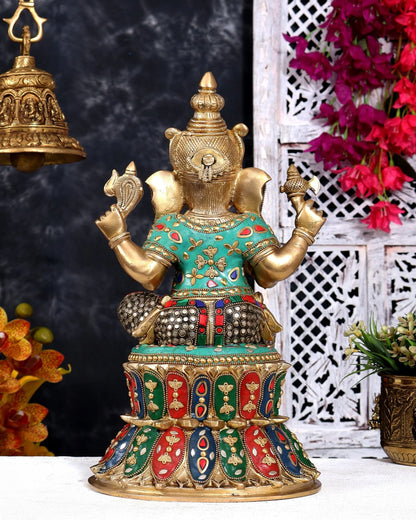 Brassaura® Ganesha Seated Pose Idol with Multicolor Meenakari Finish | Pure Superfine Brass Handcrafted Murti | Brass Statue for Home Temple, Pooja Room | Height 15 Inches | Weight 12 Kgs