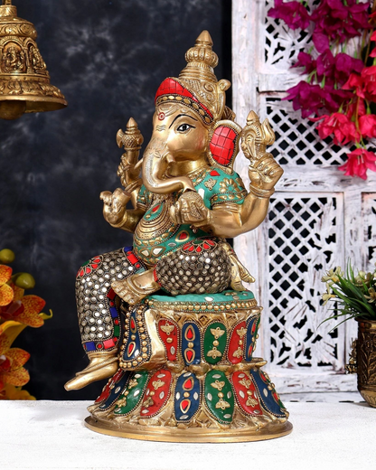 Brassaura® Ganesha Seated Pose Idol with Multicolor Meenakari Finish | Pure Superfine Brass Handcrafted Murti | Brass Statue for Home Temple, Pooja Room | Height 15 Inches | Weight 12 Kgs