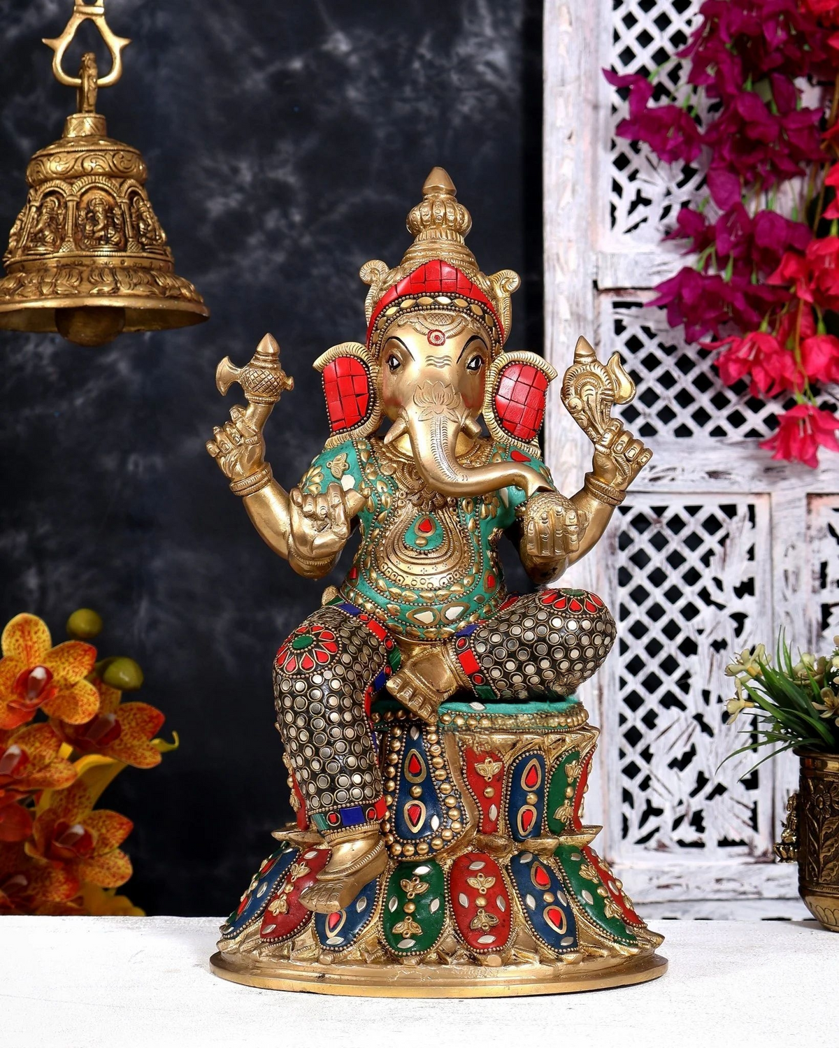 Brassaura® Ganesha Seated Pose Idol with Multicolor Meenakari Finish | Pure Superfine Brass Handcrafted Murti | Brass Statue for Home Temple, Pooja Room | Height 15 Inches | Weight 12 Kgs