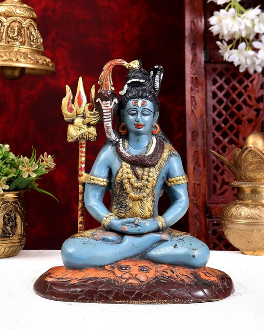 Brassaura® Hand-Painted Brass Lord Shiva Meditating Idol | Handcrafted Mahadev Statue with Trishul for Home Temple, Meditation & Spiritual Décor | Height 10.5 Inches | Weight 6 Kgs