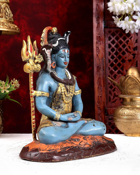 Brassaura® Hand-Painted Brass Lord Shiva Meditating Idol | Handcrafted Mahadev Statue with Trishul for Home Temple, Meditation & Spiritual Décor | Height 10.5 Inches | Weight 6 Kgs