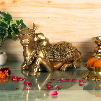 Brassaura™ Handcrafted Brass Nandi Statue with Sacred Symbols – Height 7.5 Inches & Weight 7 Kgs | Traditional Temple Idol
