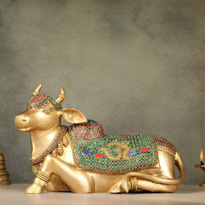 Brassaura™ Handcrafted Brass Nandi Statue – Height 7.5 Inches & Weight 7 Kgs | Devotional Sculpture