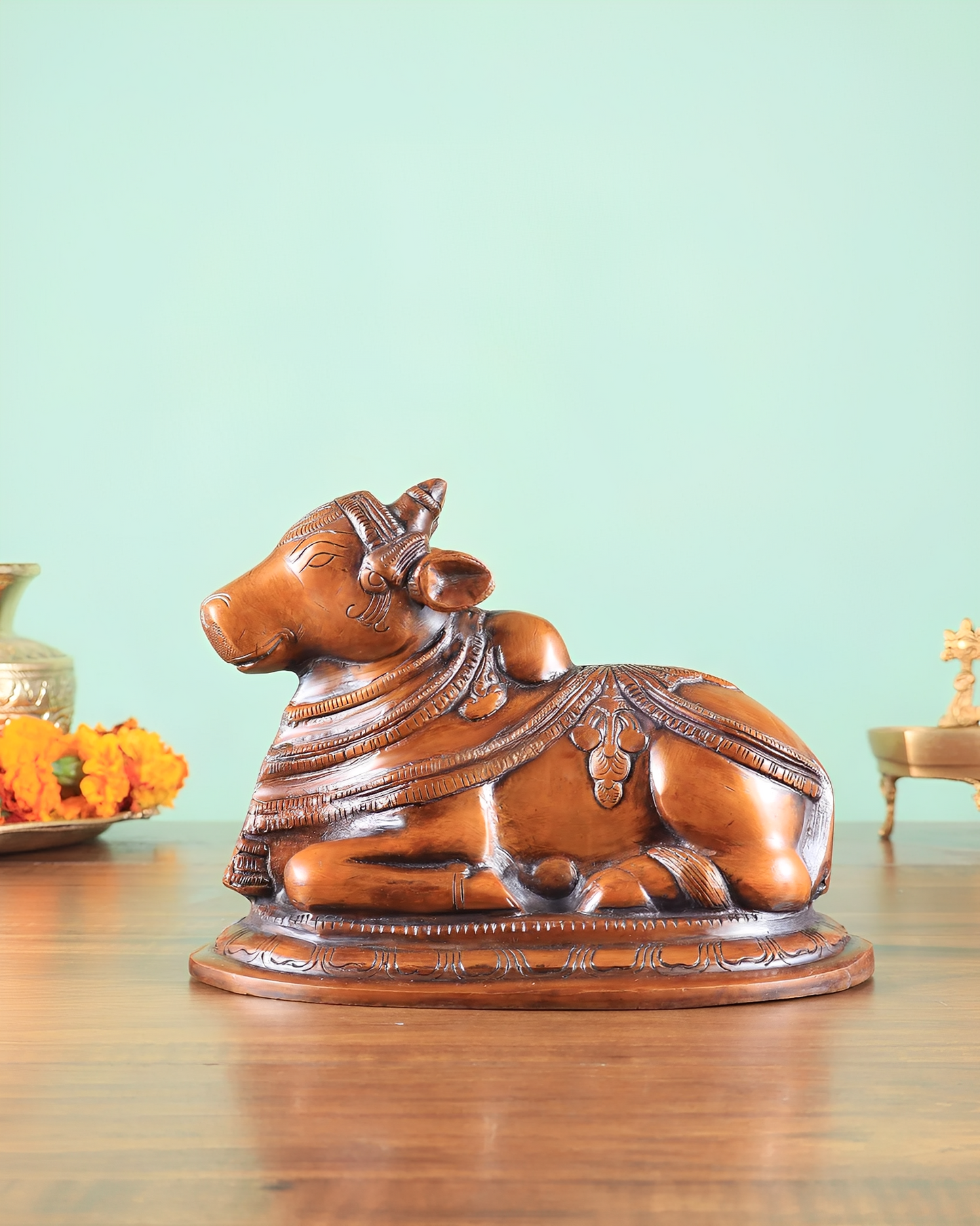 Brassaura™ Handcrafted Brass Nandi Statue – Copper Tone | Height 6" & Weight 3.25 Kgs