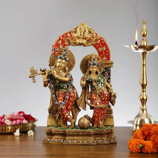 Brassaura™ Handcrafted Brass Radha Krishna Idol with Butter Pot & Yali Prabhavali – Height 14 Inches & Weight 7.5 Kgs | Devotional Statue