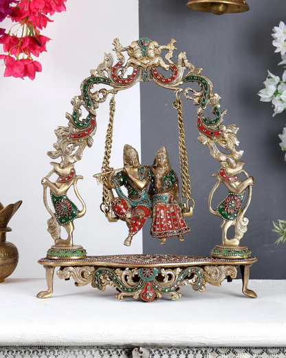 ब्रासोरा® वृंदावन वेणुगोपाल कृष्ण पीतल की प्रतिमा मोर के साथ | एंटीक नीला और सुनहरा रंग | ऊँचाई 20 इंच