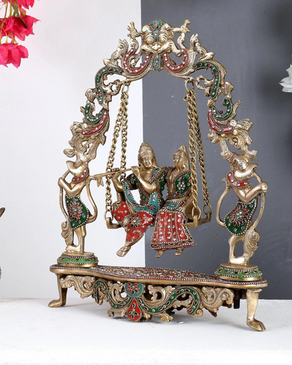ब्रासोरा® वृंदावन वेणुगोपाल कृष्ण पीतल की प्रतिमा मोर के साथ | एंटीक नीला और सुनहरा रंग | ऊँचाई 20 इंच
