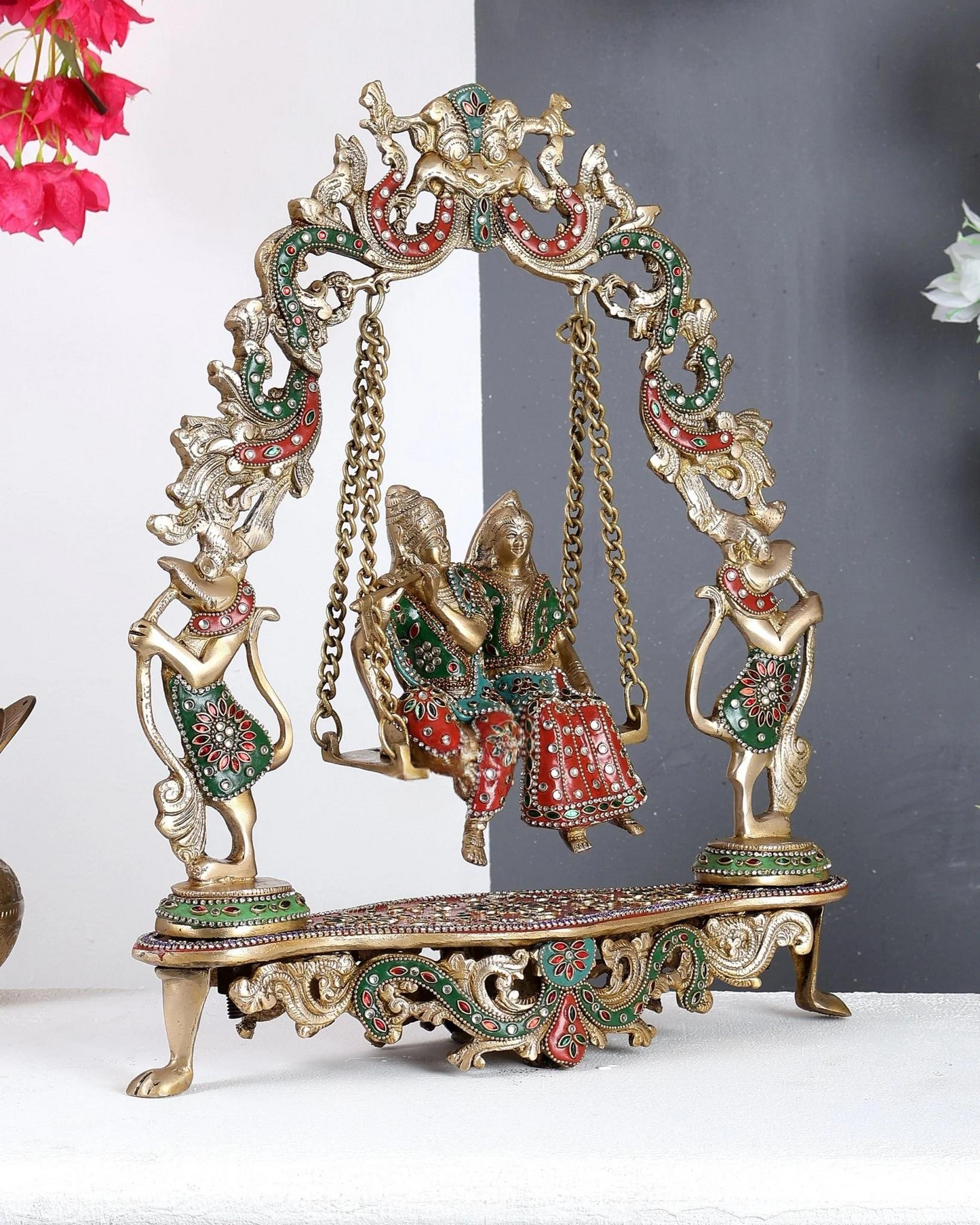ब्रासोरा® वृंदावन वेणुगोपाल कृष्ण पीतल की प्रतिमा मोर के साथ | एंटीक नीला और सुनहरा रंग | ऊँचाई 20 इंच