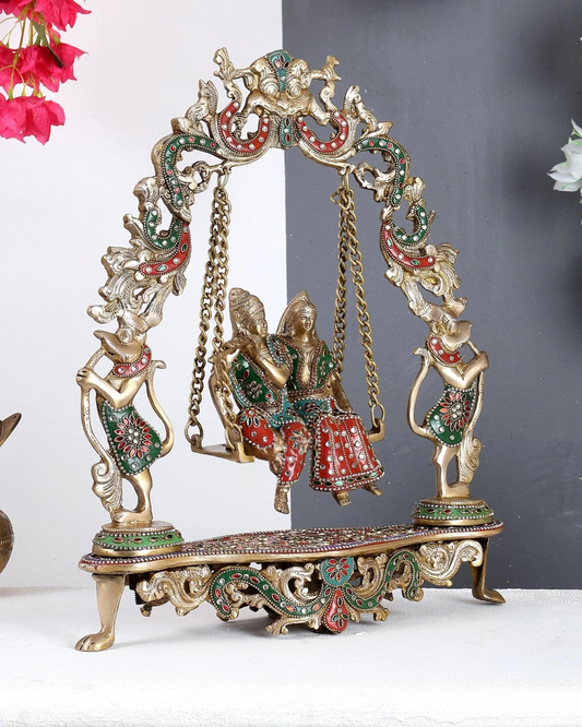 Brassaura® Premium Brass Meenakari Radha Krishna Jhula Idol | Handcrafted Swing Statue with Decorative Arch & Stonework | Height 18 Inches | Weight 8 Kgs