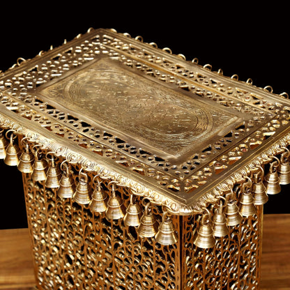 Brassaura® Handcrafted Brass Chowki with Decorative Bells | Pure Superfine Brass Handcrafted Furniture | Brass Stool for Home Temple, Pooja Room | Height 21 Inches | Weight 32 Kgs