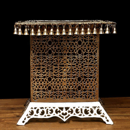 Brassaura® Handcrafted Brass Chowki with Decorative Bells | Pure Superfine Brass Handcrafted Furniture | Brass Stool for Home Temple, Pooja Room | Height 21 Inches | Weight 32 Kgs