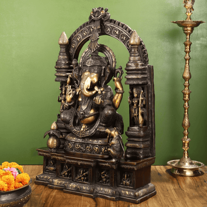 Brassaura™ Handcrafted Brass Temple Ganesha Sculpture | Divine Trio with Musical Ganeshas | Height 33 Inches & Weight 70 Kgs