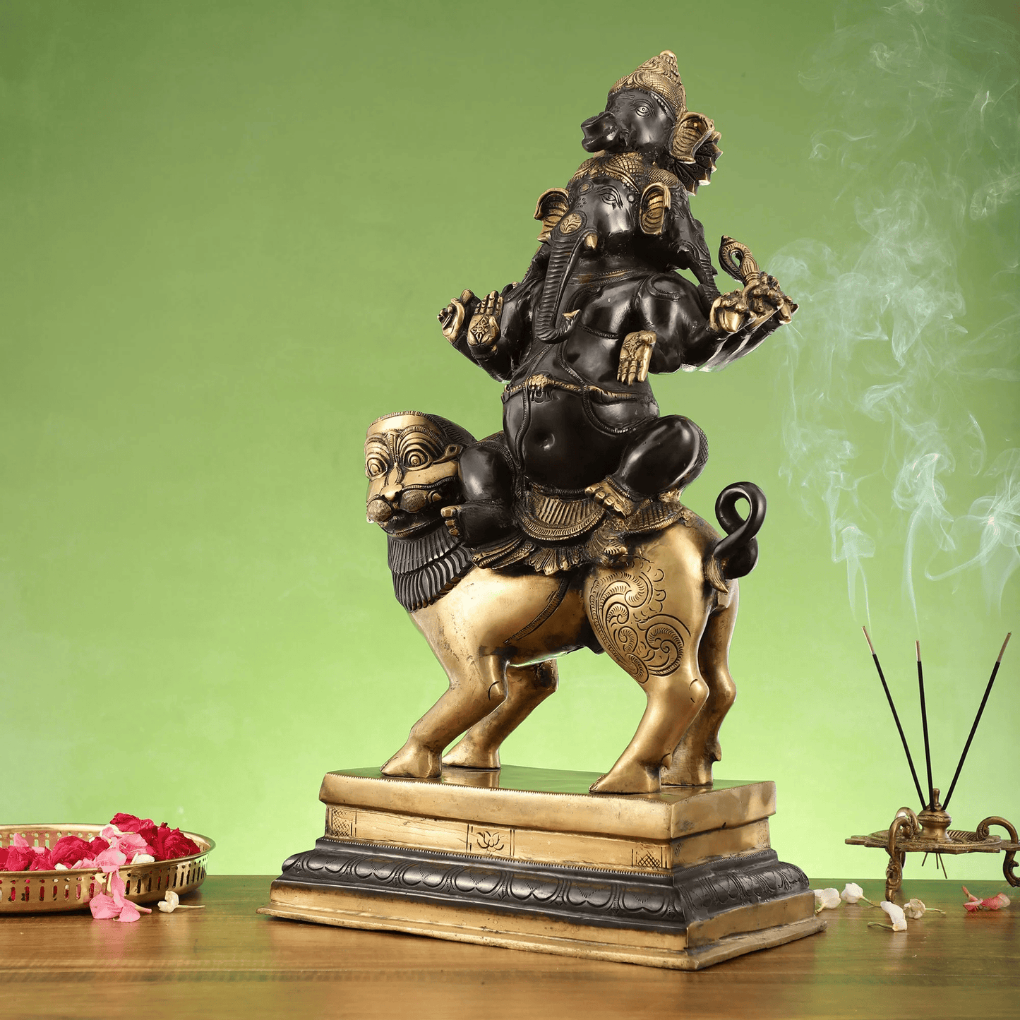 Brassaura™ Fine Brass Heramba Ganapati Statue in Black & Golden Finish | Height 22.5 Inches & Weight 25 Kgs | Temple & Home Décor