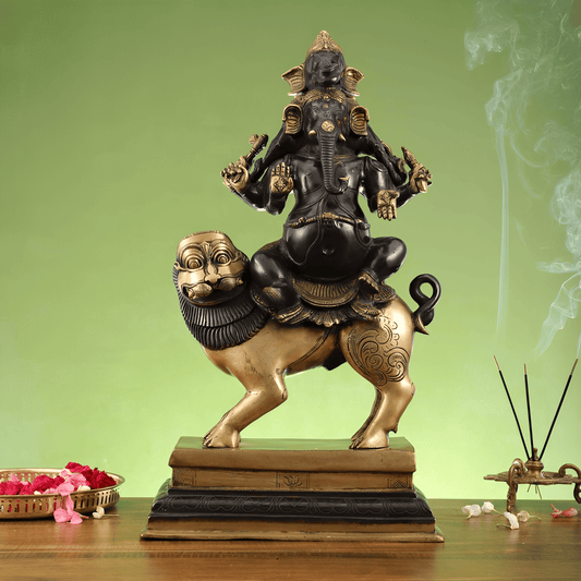 Brassaura™ Fine Brass Heramba Ganapati Statue in Black & Golden Finish | Height 22.5 Inches & Weight 25 Kgs | Temple & Home Décor