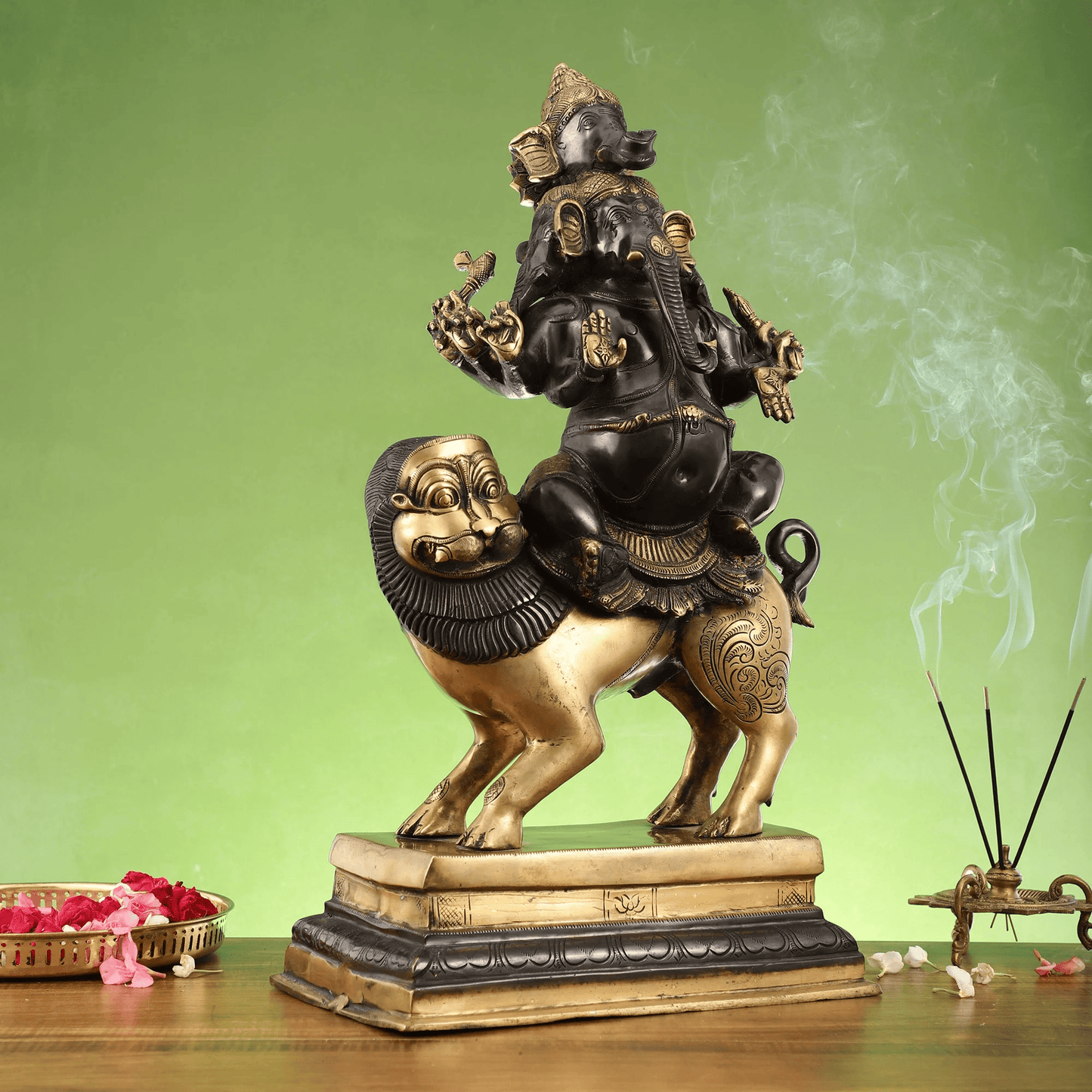 Brassaura™ Fine Brass Heramba Ganapati Statue in Black & Golden Finish | Height 22.5 Inches & Weight 25 Kgs | Temple & Home Décor