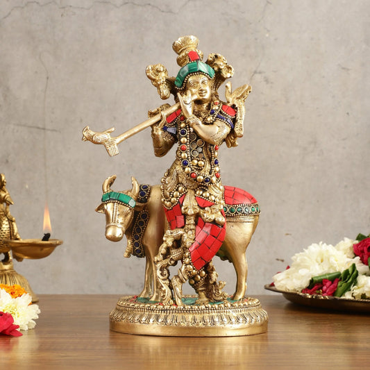 Brassaura™ Krishna with Cow | Pure Brass with Stonework | Height 10.5 Inches & Weight 3.2 Kgs