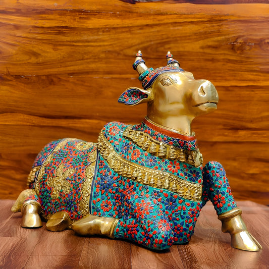 Brassaura™ Handcrafted Brass Wirework Nandi Bull with Natural Stones – Height 21 Inches & Weight 30 Kgs | Majestic Temple Sculpture