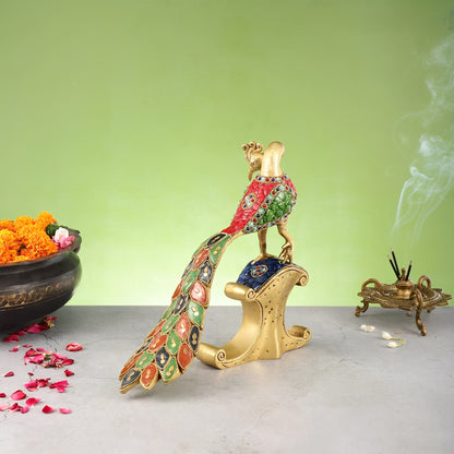 Brassaura™ Handcrafted Brass Peacock Showpiece with Stonework – Height 11 Inches & Weight 3 Kgs