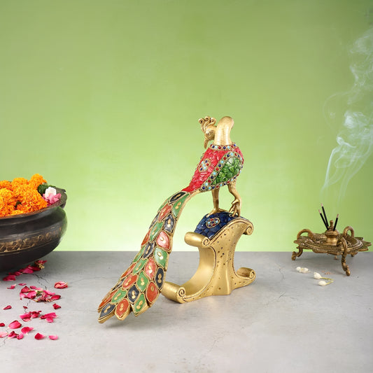 Brassaura® Handcrafted Brass Peacock Showpiece with Stonework – Height 11 Inches & Weight 3 Kgs