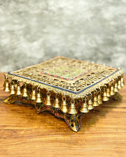Brassaura® Pooja Chowki with Natural Stonework & Ghungroo Bells | Pure Superfine Brass Handcrafted Pedestal | Brass Bajot for Home Temple, Pooja Room | Height 5 Inches | Weight 11 Kgs