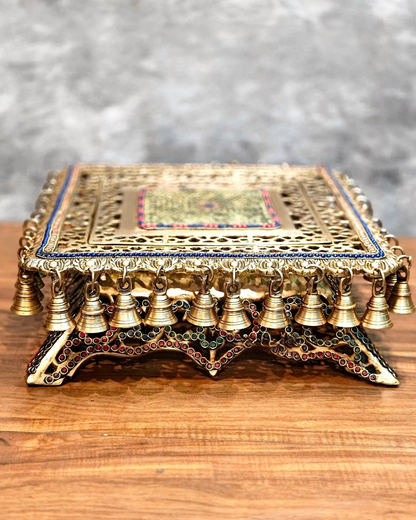 Brassaura® Pooja Chowki with Natural Stonework & Ghungroo Bells | Pure Superfine Brass Handcrafted Pedestal | Brass Bajot for Home Temple, Pooja Room | Height 5 Inches | Weight 11 Kgs