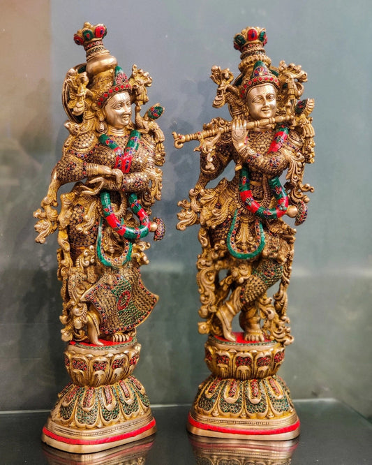 Brassaura™ Handcrafted Brass Radha Krishna Idol Pair with Double-Layered Meenakari – Height 29 & 28 Inches & Weight 33 Kgs | Elegant Devotional Statue