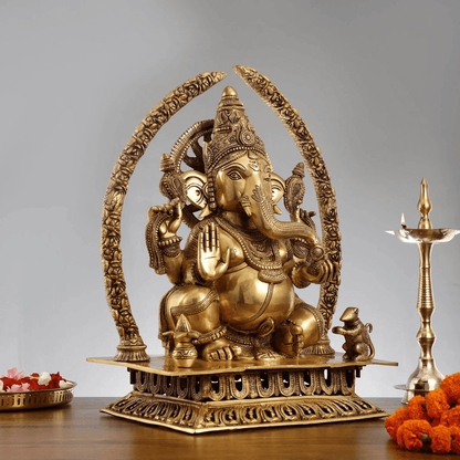 Brassaura™ Handcrafted Brass Lord Ganapathi Statue | Elephant Tusk Arch Design | Height 22 Inches & Weight 25 Kg