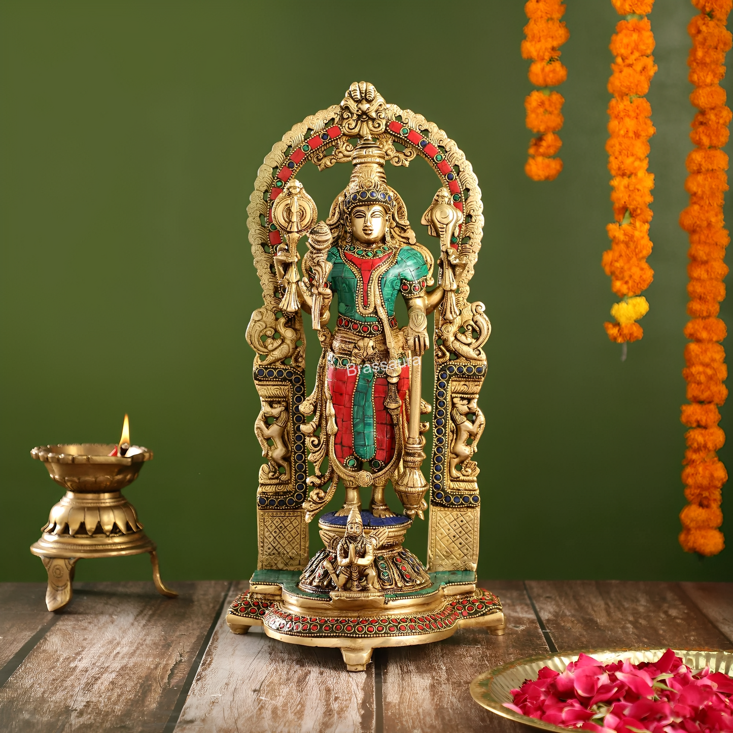 Brassaura™ Superfine Brass Lord Vishnu Statue with Garuda | Intricate Stonework | 16 Inch Height | 6 KG Weight | Handcrafted Masterpiece