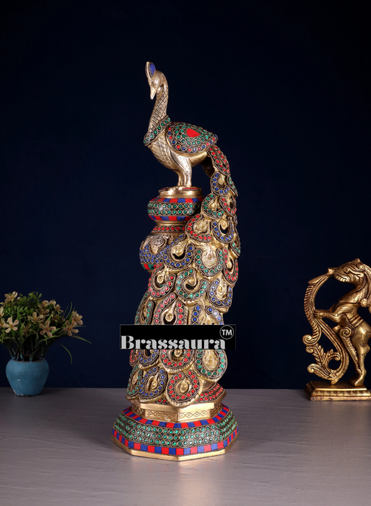 Brassaura® Brass Large Peacock Showpiece with Meenakari Work – Height 20 Inches & Weight 8.5 Kgs