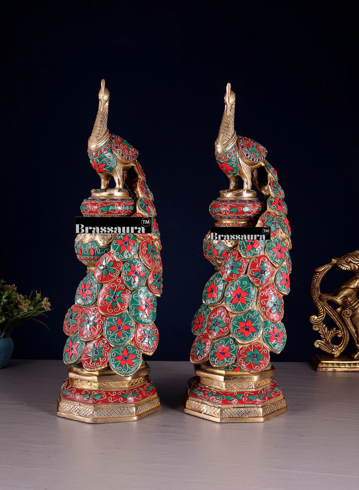 Brassaura™ Brass Peacock Pair with Floral Meenakari Detailing – Height 20 Inches & Weight 17 Kgs (Pair