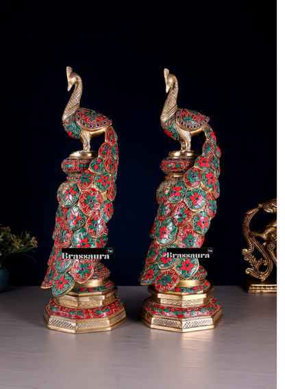 Brassaura™ Brass Peacock Pair with Floral Meenakari Detailing – Height 20 Inches & Weight 17 Kgs (Pair