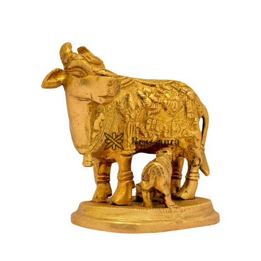 Brassaura™ Brass Kamdhenu Cow & Calf Idol – Height 4 Inches & Weight 1 Kgs | Handcrafted Pooja Sculpture
