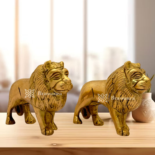 Brass Lion Pair Idol for Home and Decor Weight 1 Kg Height 8 cm