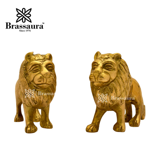 Brassaura® Brass Lion Pair Idol | Handcrafted Guardian Sculptures | Height 3.1 Inches & Weight 1 Kg