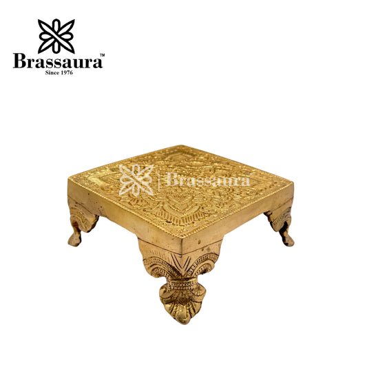 Brassaura™ Brass Pooja Chowki – Height 2.4 Inches & Weight 1.1 Kgs | Home Temple & Spiritual Décor