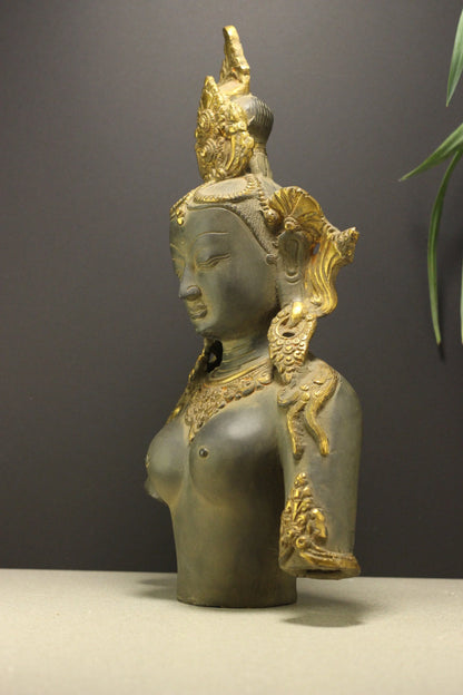 Brassaura® Brass Tara Bust Statue with Rustic Black & Gold Finish | Height 14 Inches & Weight 4.3 Kgs