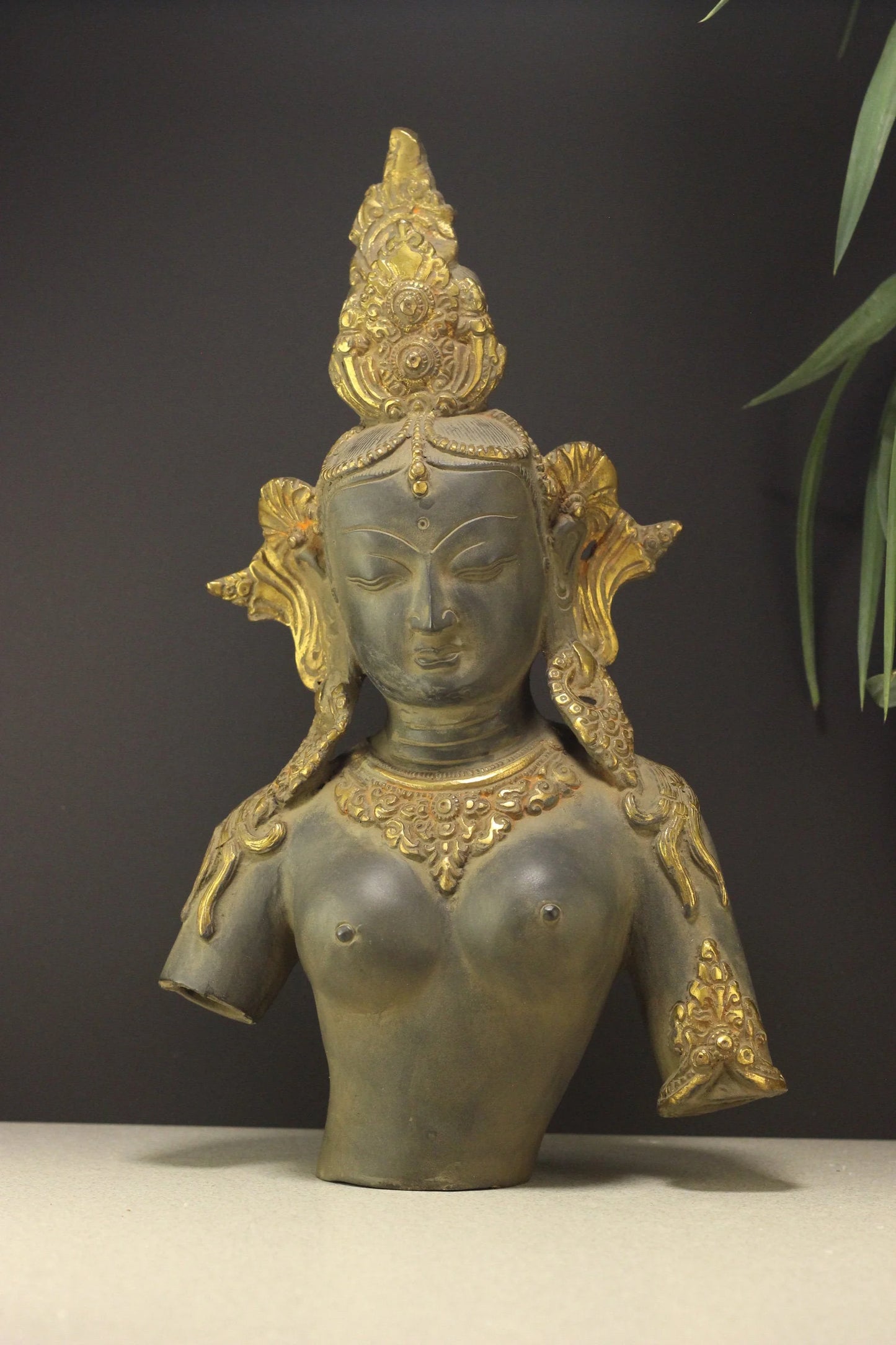 Brassaura® Brass Tara Bust Statue with Rustic Black & Gold Finish | Height 14 Inches & Weight 4.3 Kgs